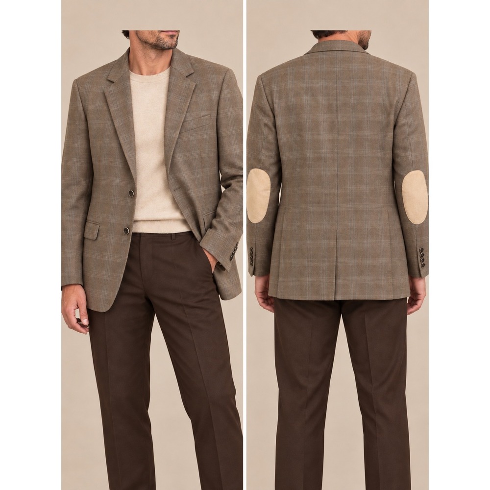X3 143 Hugo Boss Mens Brown Plaid Blazer Cotton Wool Sport Coat Elbow Patches